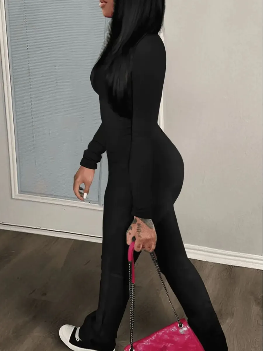 churchf Letter Print Zipper Design Pants Set Plain Long Sleeve Black 2PC For Women Stretch Casual Sheath Two-pieces Early Autumn Suit-Outfit Ideas