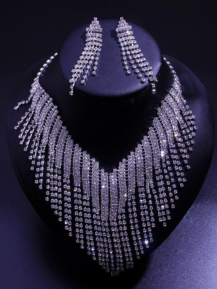 Rhinestone tassel necklace earings set-zachics
