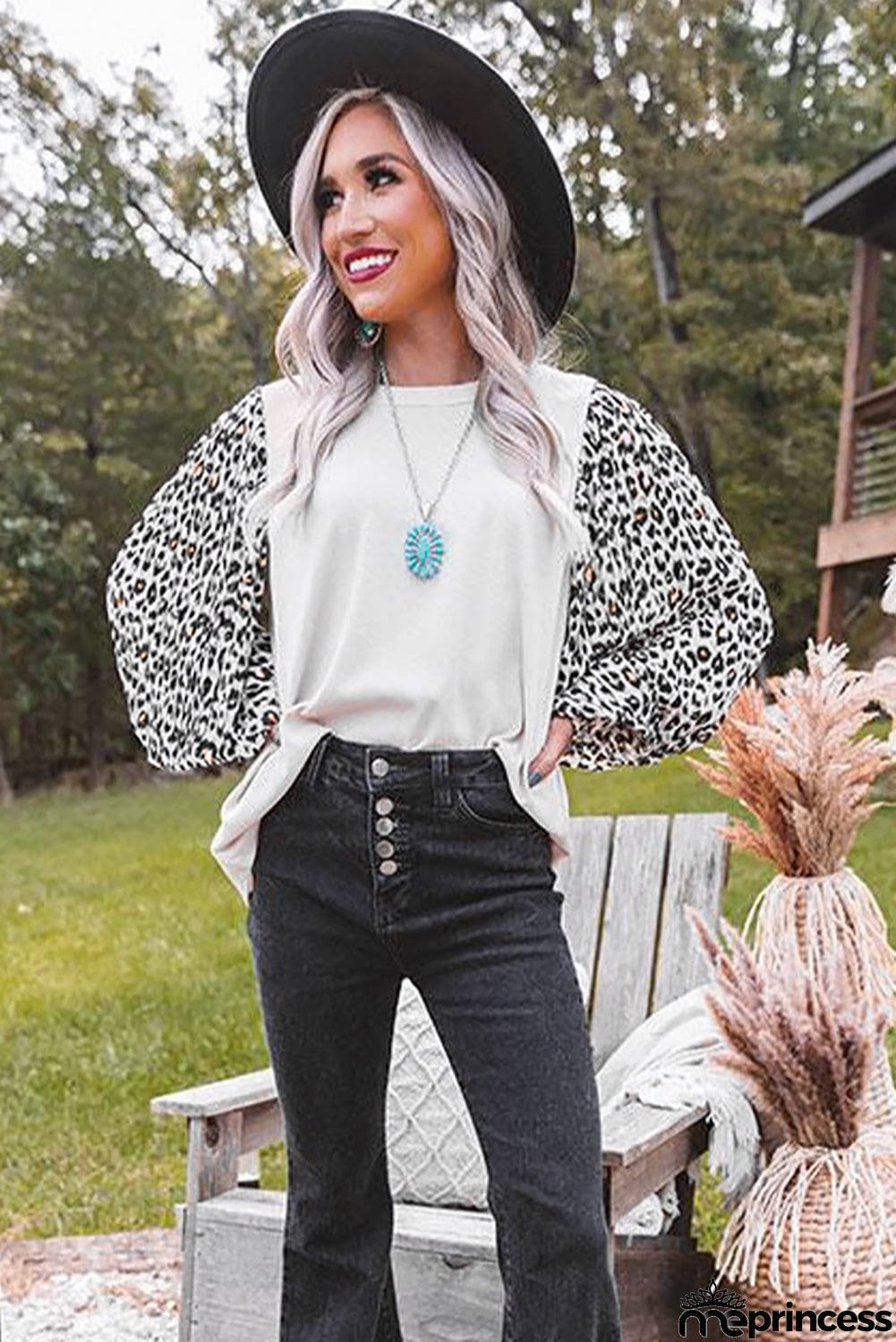 Print Crew Neck Puff Sleeve Top