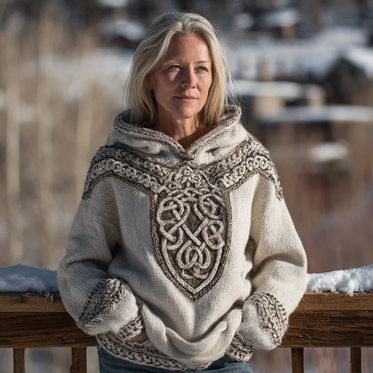 Women's Vintage Viking Celtic Rune Knit Hooded Sweater