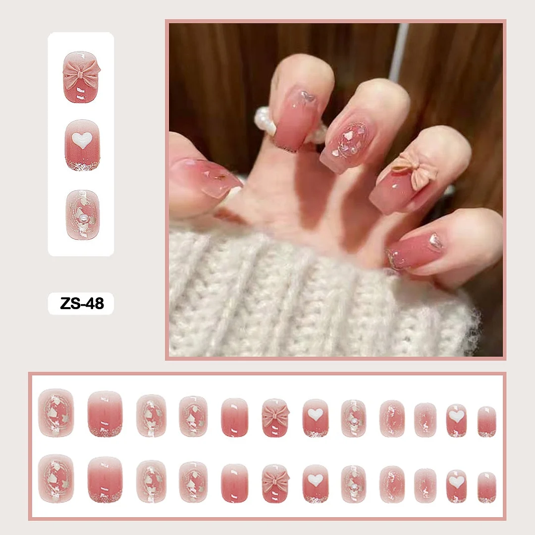 24pcs Artificial Diamond Gradient Fake Nails With Glue Lovely Pink Flesh-colored Nail Art Fake Nails Long With Wearing Tools-Nail Inspo