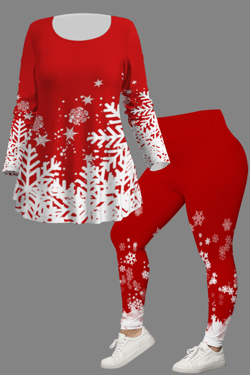 Flycurvy Plus Size Christmas Casual Red Snowflake Print Two Piece Pant Set