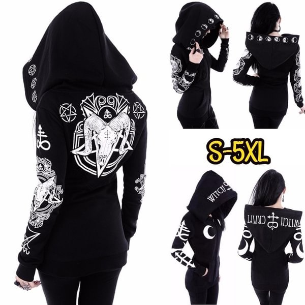 Women Fashion Black Gothic Hoodie Punk Style Hooded Coat Cool Printed Sweatshirt Cosplay Jacket Plus Size - Shop Trendy Women's Fashion | TeeYours
