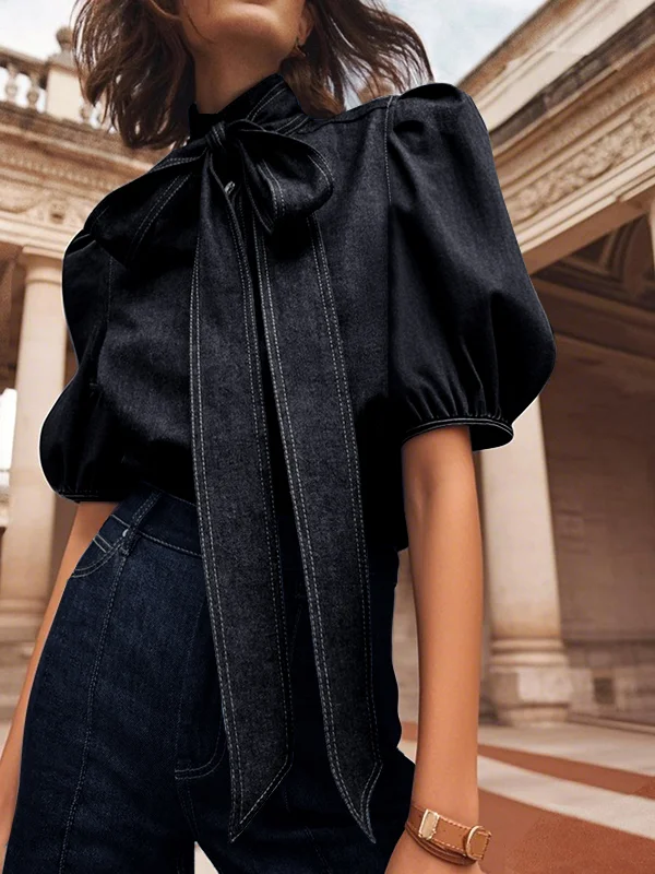 Bow-Embellished Buttoned Split-Joint Tied Long Sleeves Puff Sleeves High Neck Blouses&shirts Tops