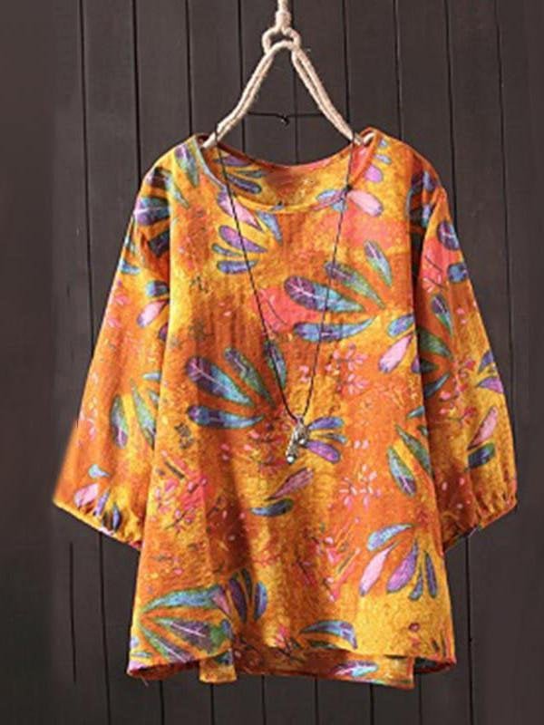 Ladies O-Neck Sleeve Top Retro Floral Print Top Retro Cotton Linen Shirt