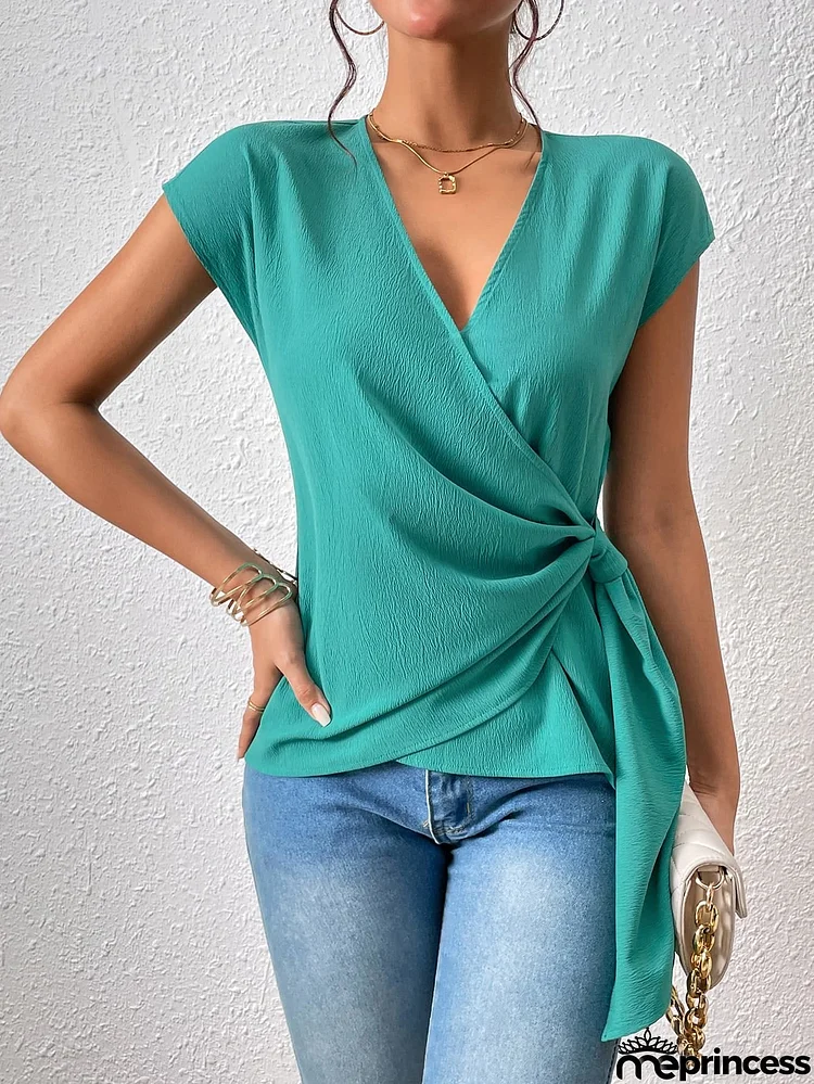 Tied Surplice Neck Short Sleeve Blouse