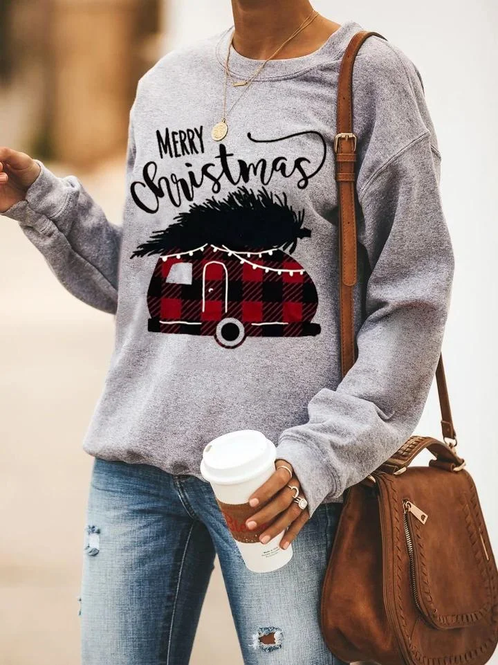 Merry Christmas Plaid Bus Sweatshirt Pullover