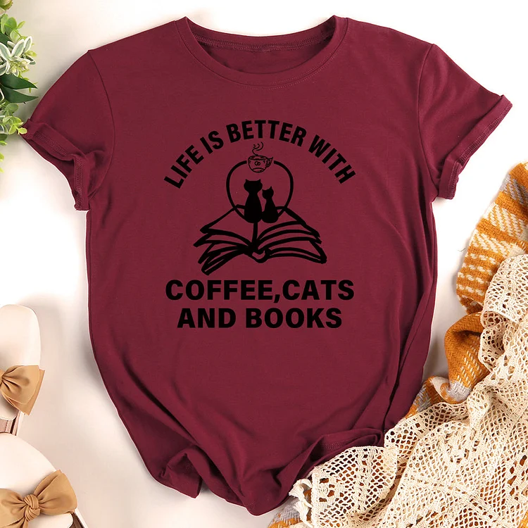 Live is better with coffee ，cats and books T-Shirt-013200