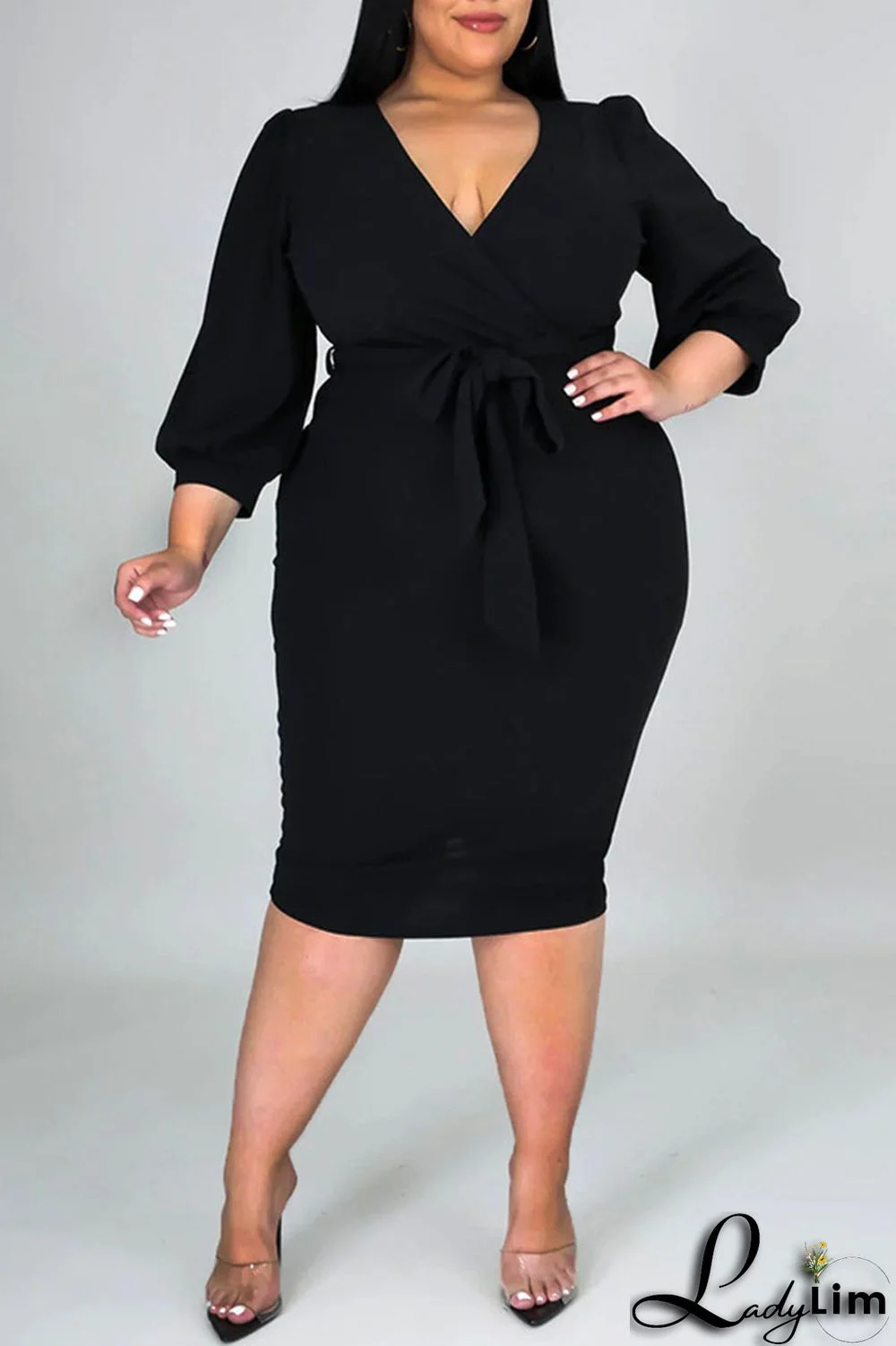 Black Casual Solid Bandage Patchwork V Neck One Step Skirt Plus Size Dresses