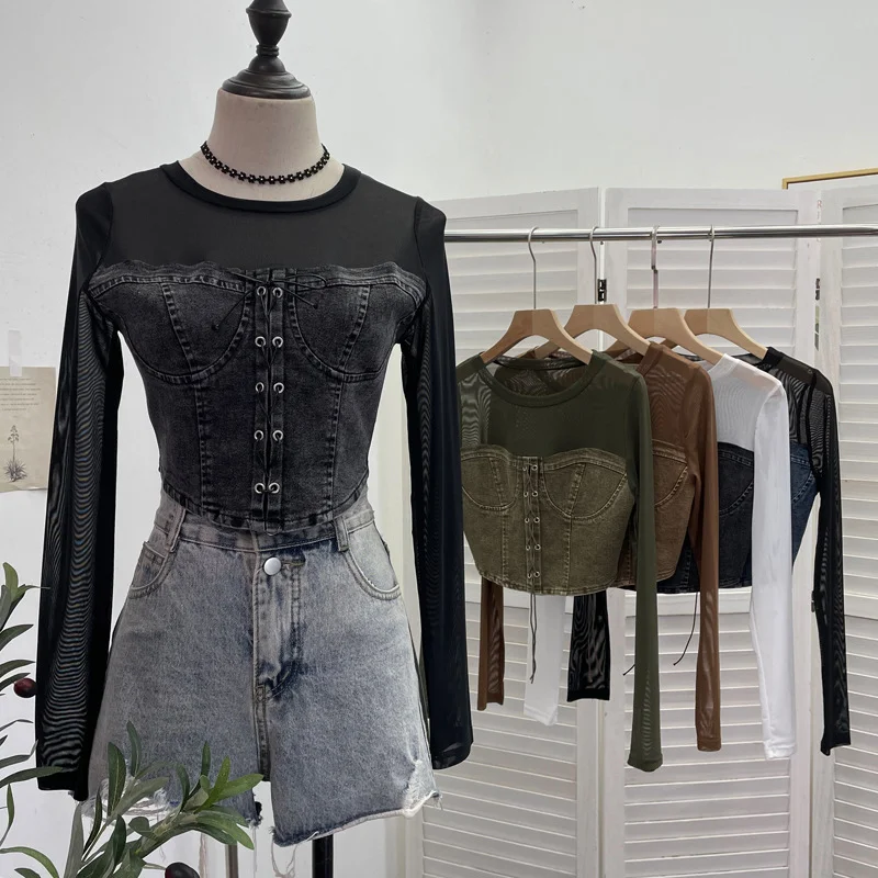 Uveng Real Shooting Denim Splicing Mesh Design Long-Sleeved T-Shirt Wearing Rope Tie Short Repair Body Coat 2638