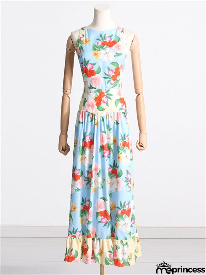 Women's Crew Neck Back Lace-up Floral Bohemian Dress