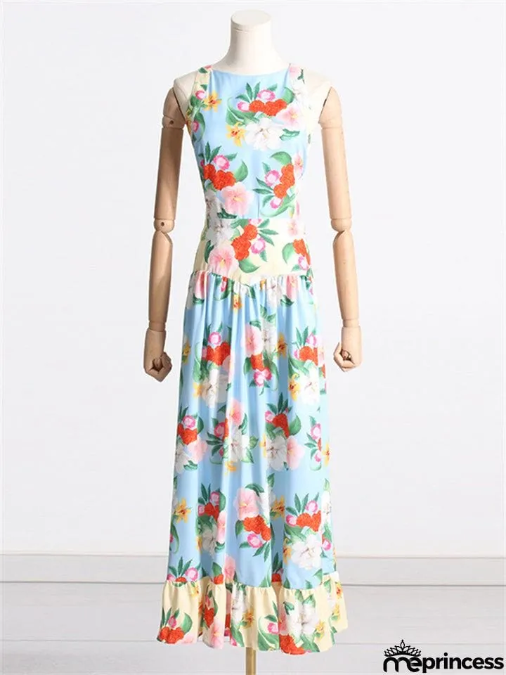 Women's Crew Neck Back Lace-up Floral Bohemian Dress