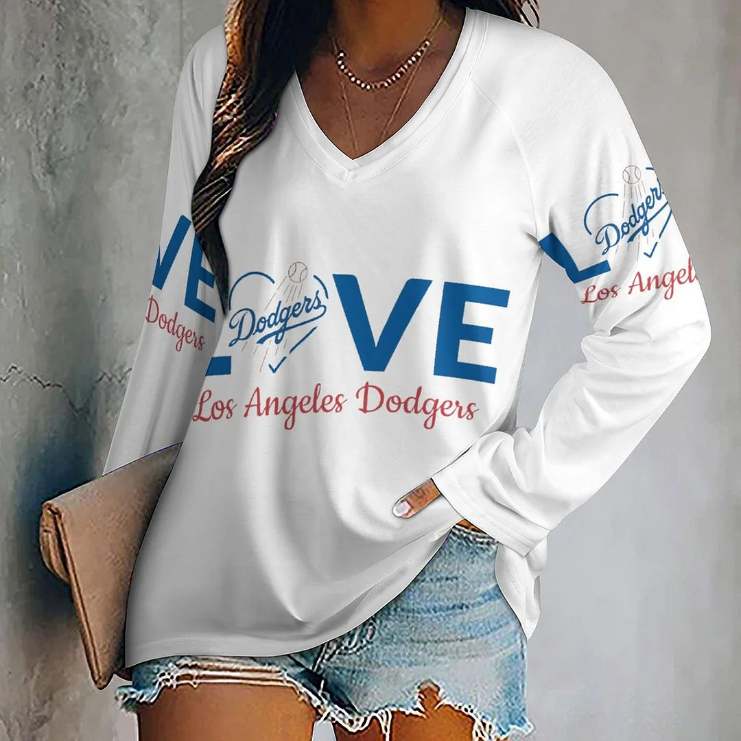 V-neck Long Sleeve Casual T-shirt for  Women and Men Printed with Pattern , Blue, Red,