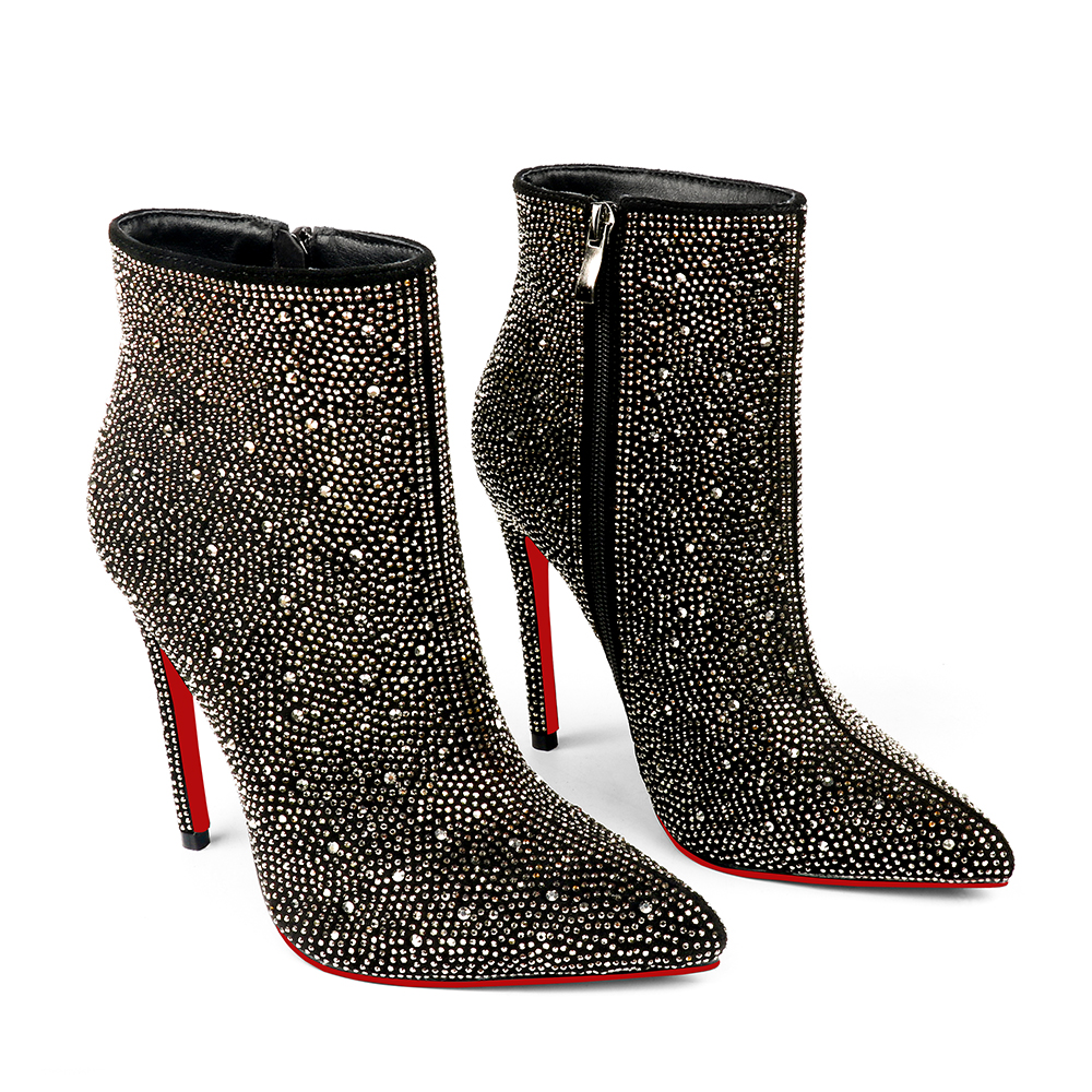 100mm/120mm Women's Rhinestone Ankle Boots with Closed Pointed Toe  Stilettos Autumn Red Bottom Warm Dress Booties -vocosishoes