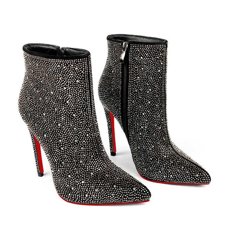 100mm/120mm Women's Rhinestone Ankle Boots with Closed Pointed Toe  Stilettos Autumn Red Bottom Warm Dress Booties  VOCOSI VOCOSI