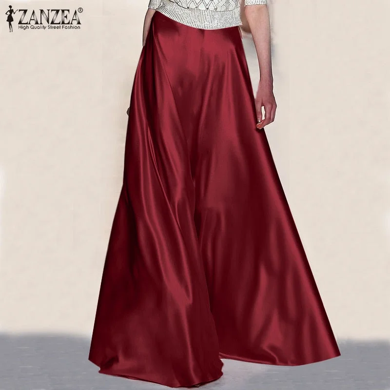 2022 ZANZEA Elegant Elastic Waist Satin Skirts Summer Women Casual Faldas Saia Holiday Party Loose Jupe Robe Vintage Maxi Skirt