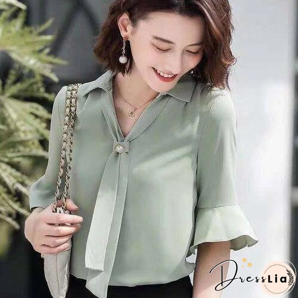 Korean Silk Women Blouses Woman Satin Blouse Tops Plus Size Blusas Mujer De Moda Women V Neck Soild Shirt Top Camisas Mujer