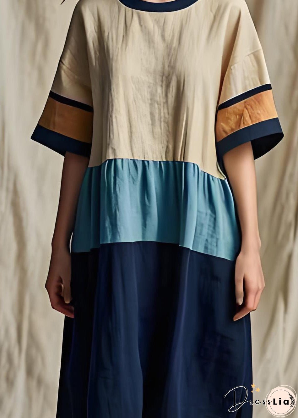 Women Colorblock O Neck Patchwork Cotton Dresses Summer