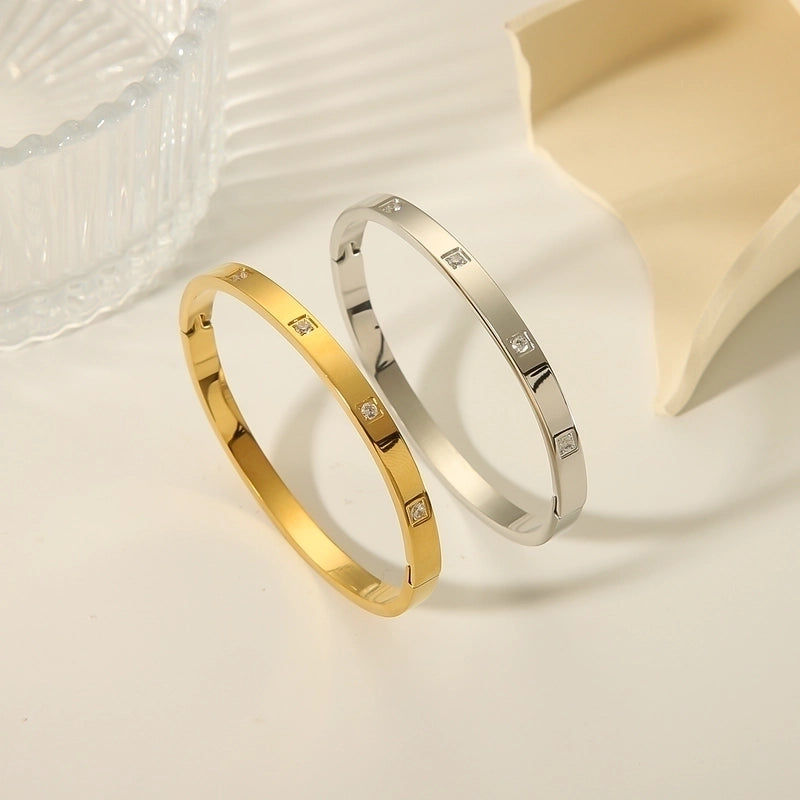 Ig Style Minimalist Square Stainless Steel Plating Inlay Zircon 18k Gold Plated White Gold Plated Bangle