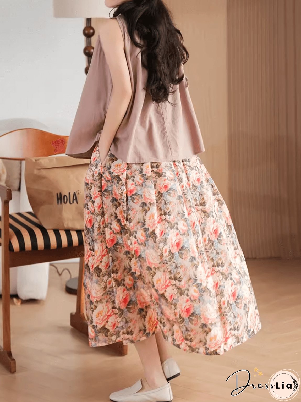 Gold Flower Printed Summer Linen Skirt