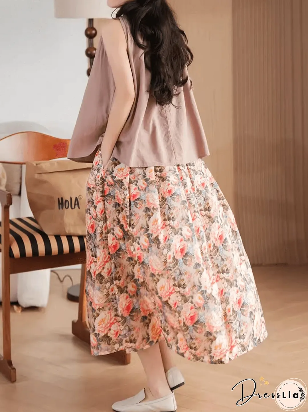 Gold Flower Printed Summer Linen Skirt