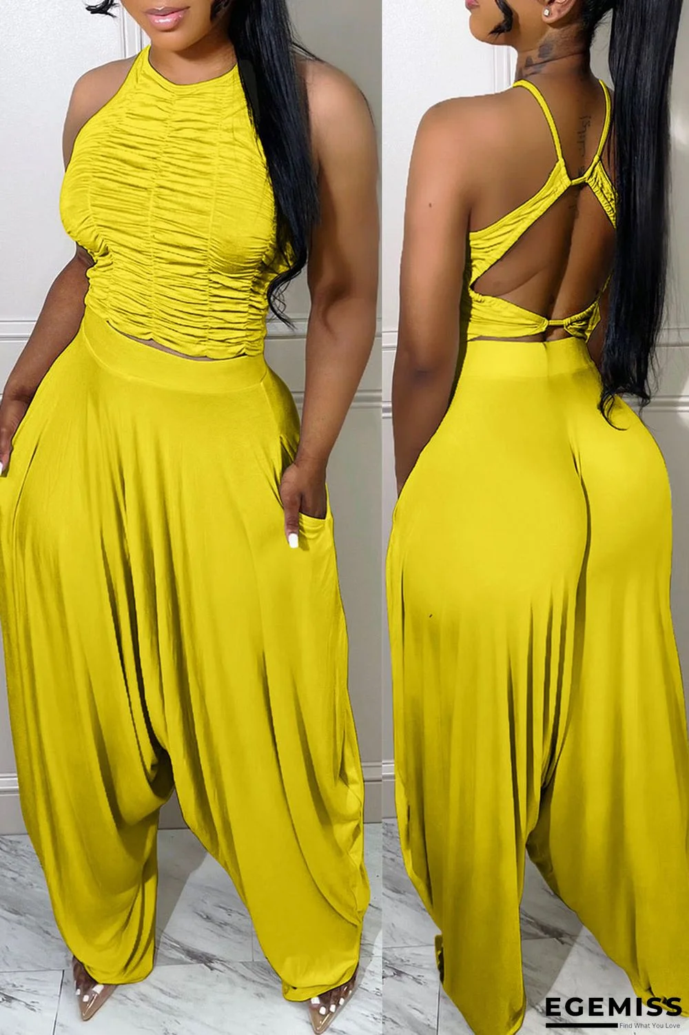 Yellow Casual Street Solid Patchwork Backless Fold O Neck Sleeveless Two Pieces | EGEMISS