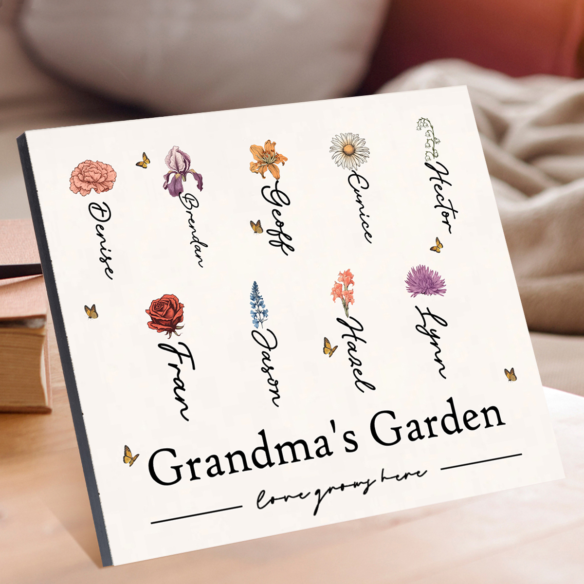 Personalized Text Wooden Plaque Custom 1–12 Birth Flowers & Names Home Decor Garden Sign Gift for Grandma - Love Grows Here
