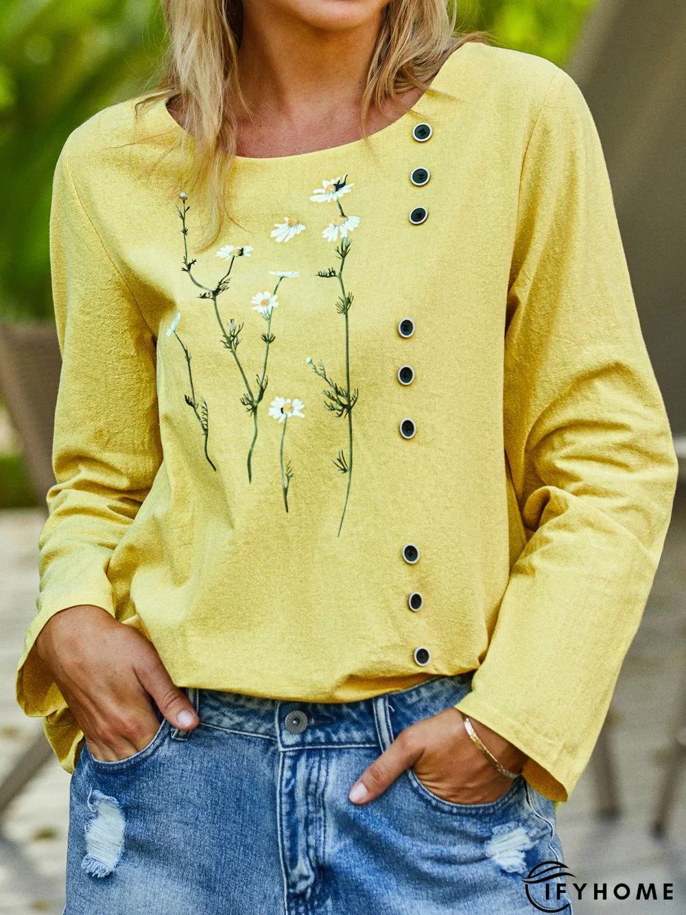 Floral Autumn Casual No Elasticity Daily Standard Long sleeve Cotton H-Line Top for Women | IFYHOME