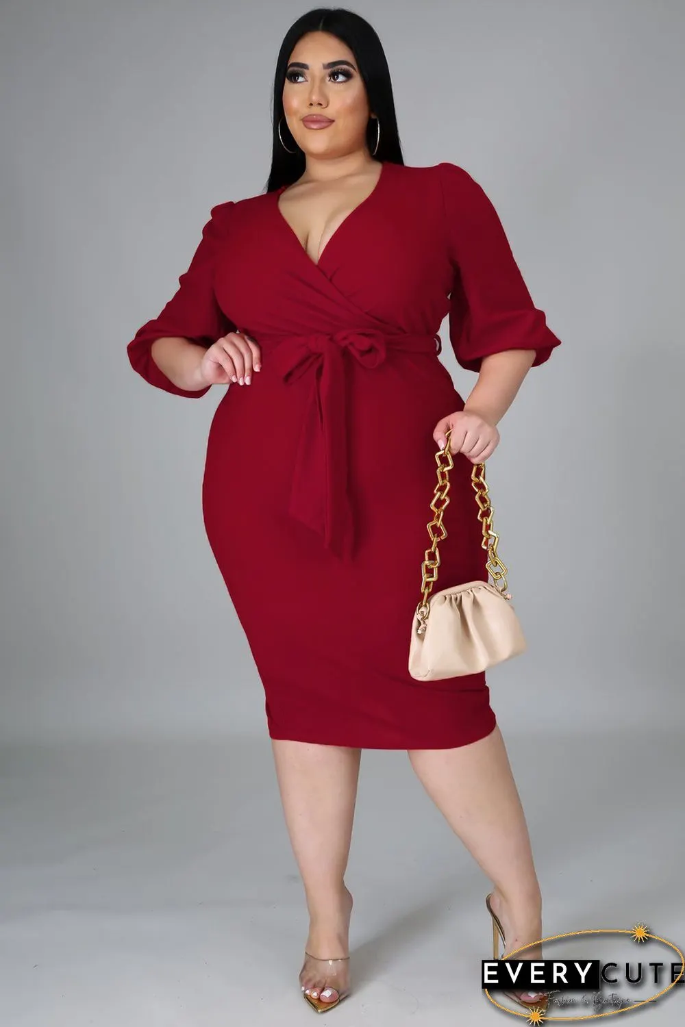 Red Plus Size Puff Sleeve Wrap V Neck Midi Dress
