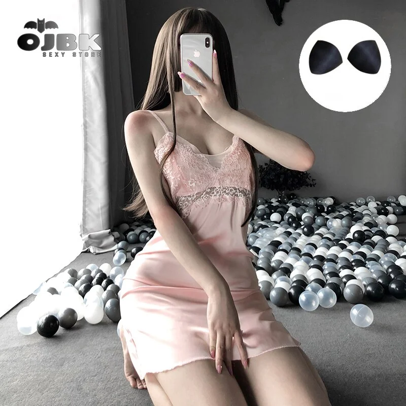 Billionm OJBK Women Nightgown Sleepwear Lingerie Dress Backless Hollow Lace V-neck Satin Nightdress Exotic Apparel  Sleepshirts Plus Size