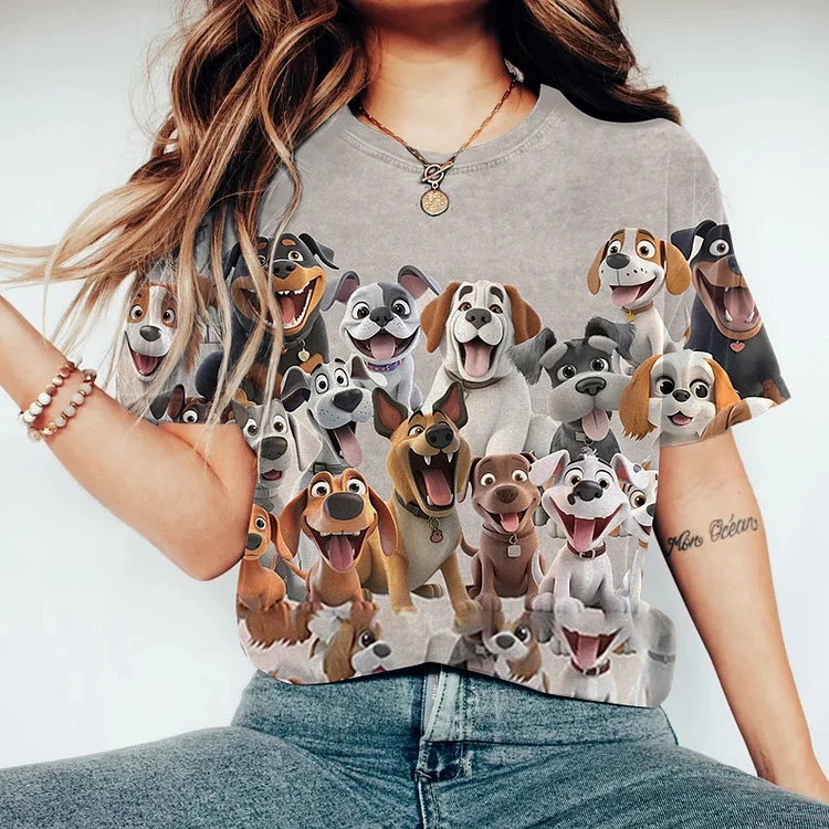 Funny Cute Dogs Art Print Casual T-Shirt