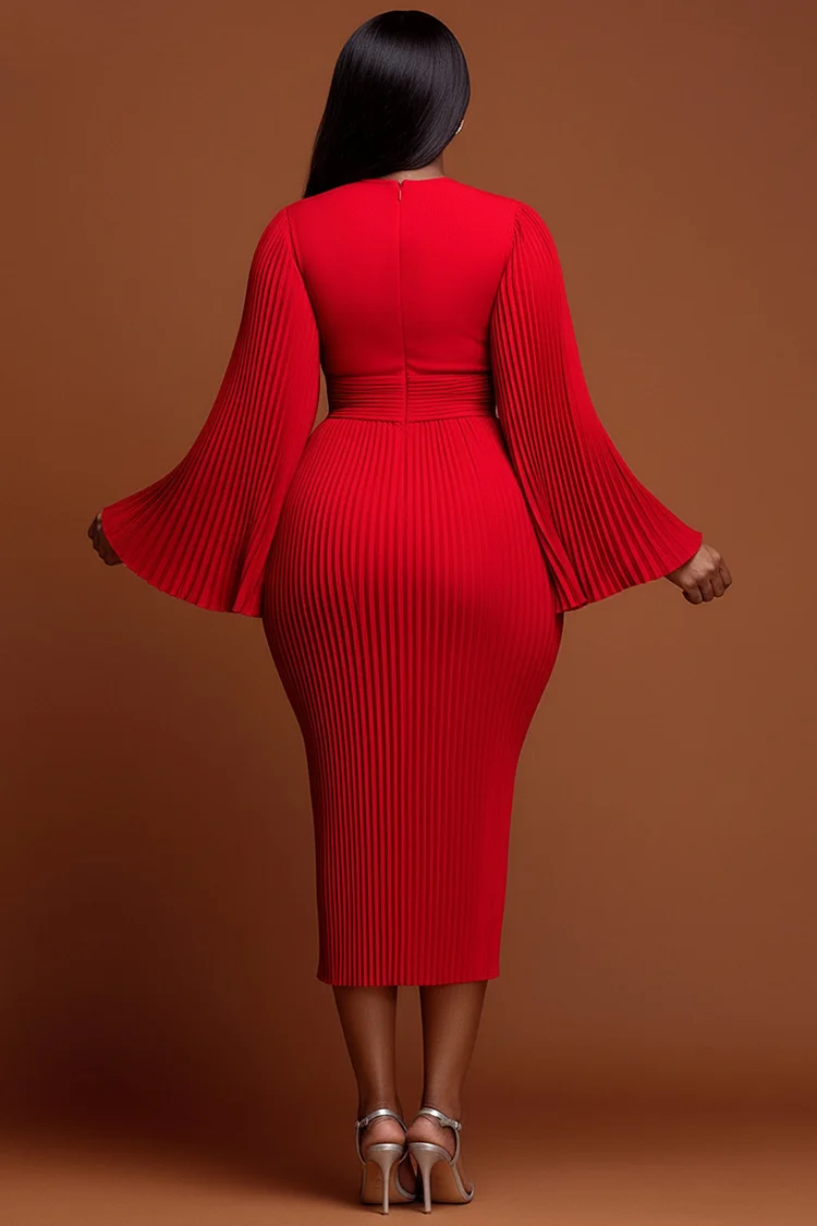 Xpluswear Design Plus Size Christmas Red Round Neck Flare Long Sleeve Bodycon Elegant Pleated Knitted Midi Dresses [Pre-Order]