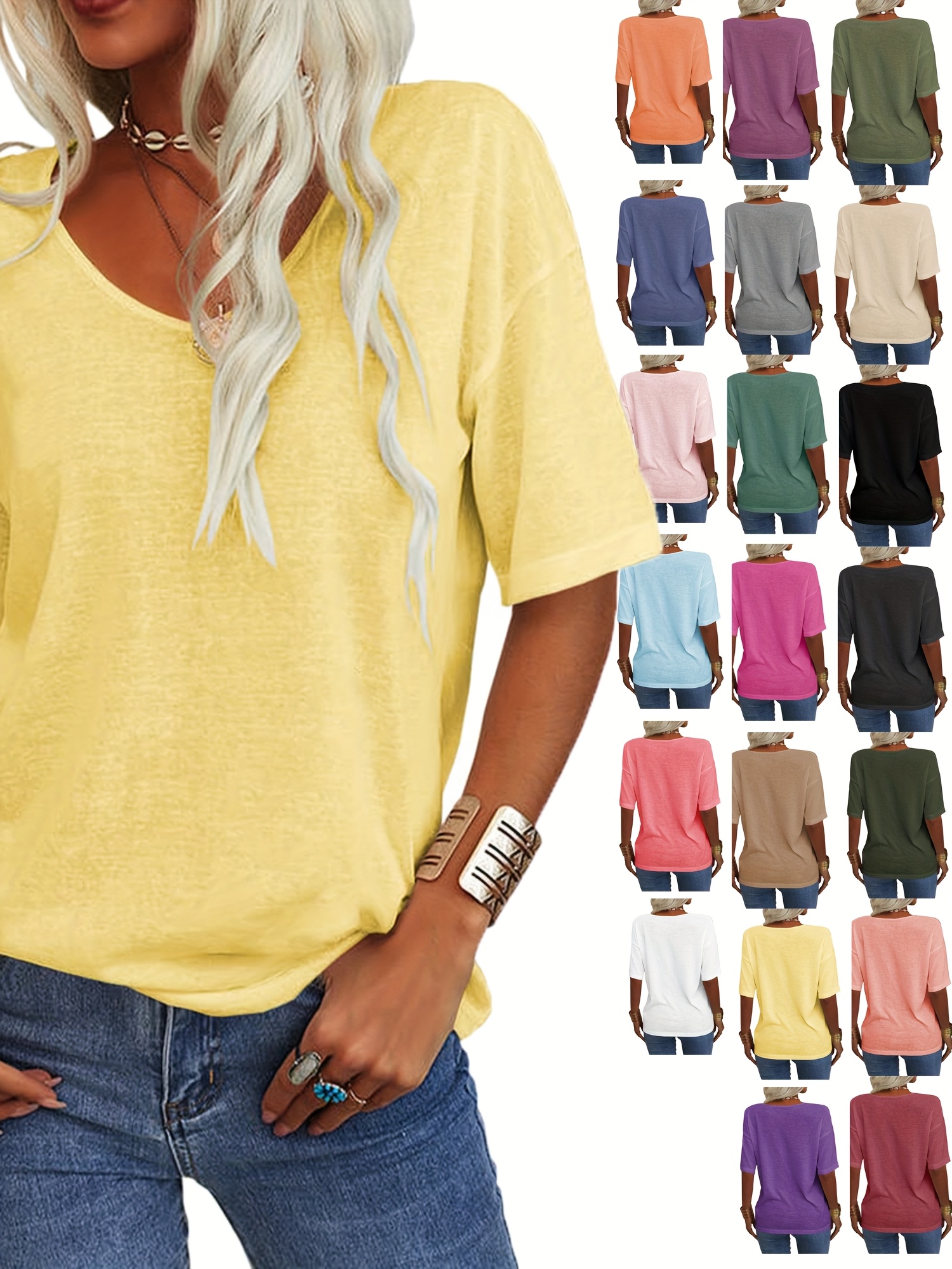 Women's Summer Fashion V-Neck Half Sleeves T Shirt Solid Casual Loose Basic Tunics To | IFYHOME