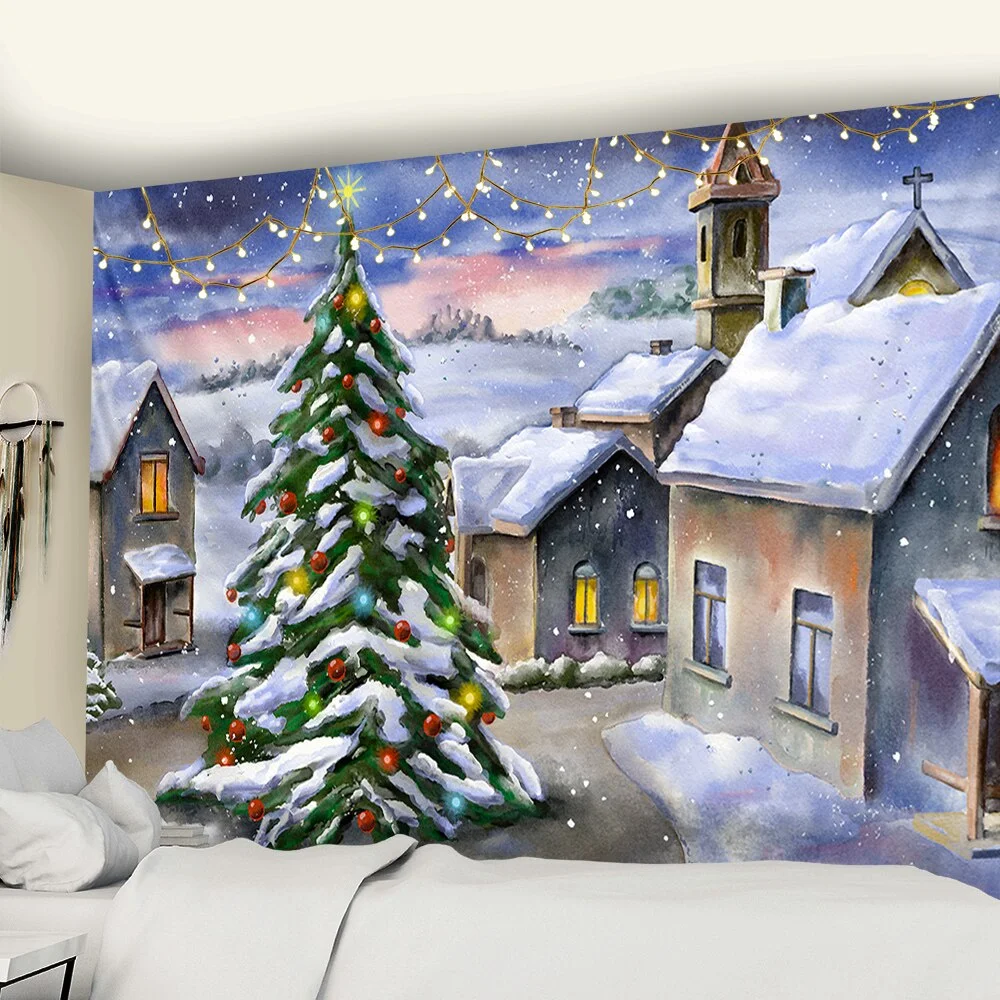 Crystal Christmas Tree Tapestry Xmas Art Wall Hanging Tapestry Christmas Lighthouse Snowflake Home Room Decoration Gift