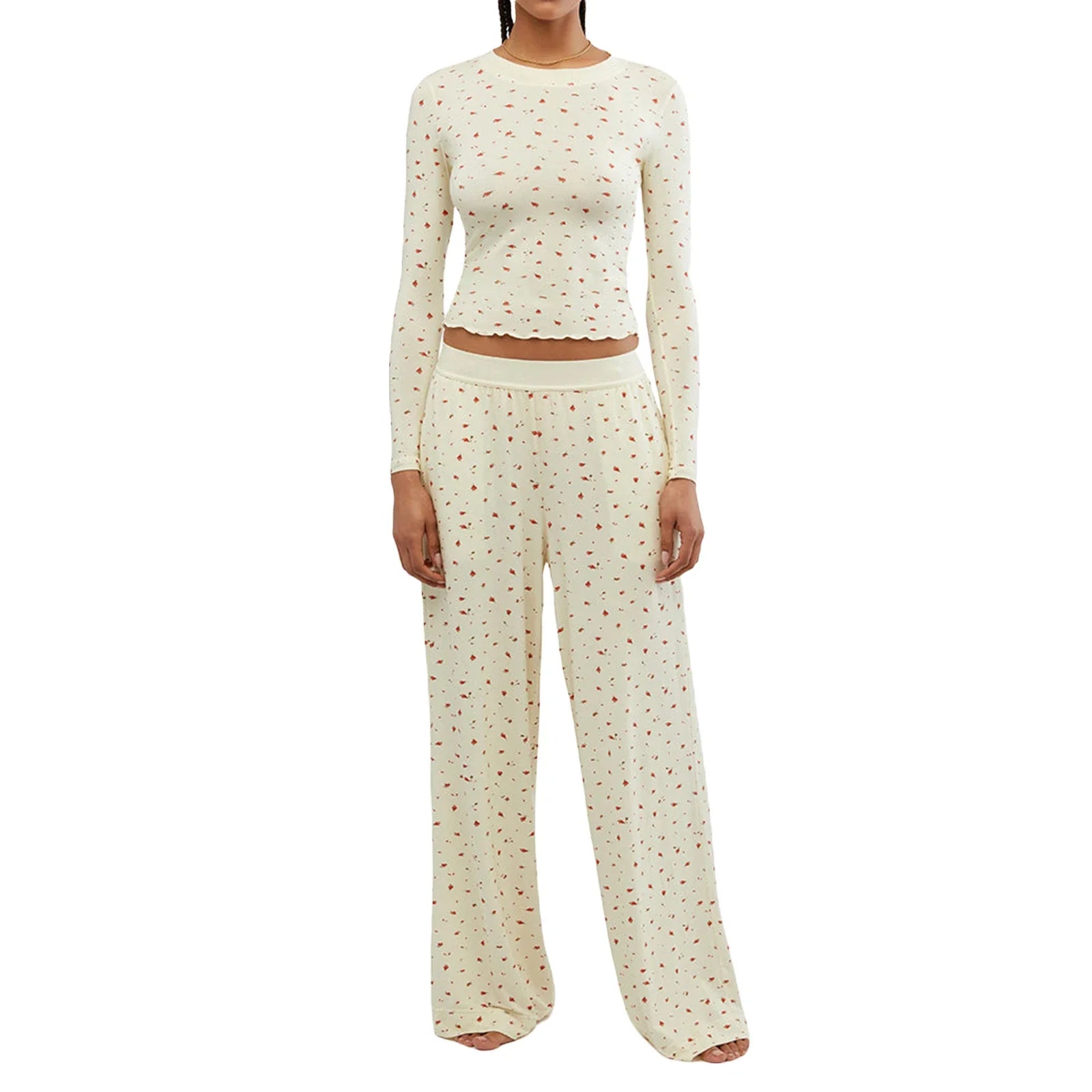 Llyge Women Y2K 2 Pieces Pajama Set Long Sleeve Crop Tops + Elastic Wide Leg Pants for Loungewear Aesthetic Soft Sleepwear llyge