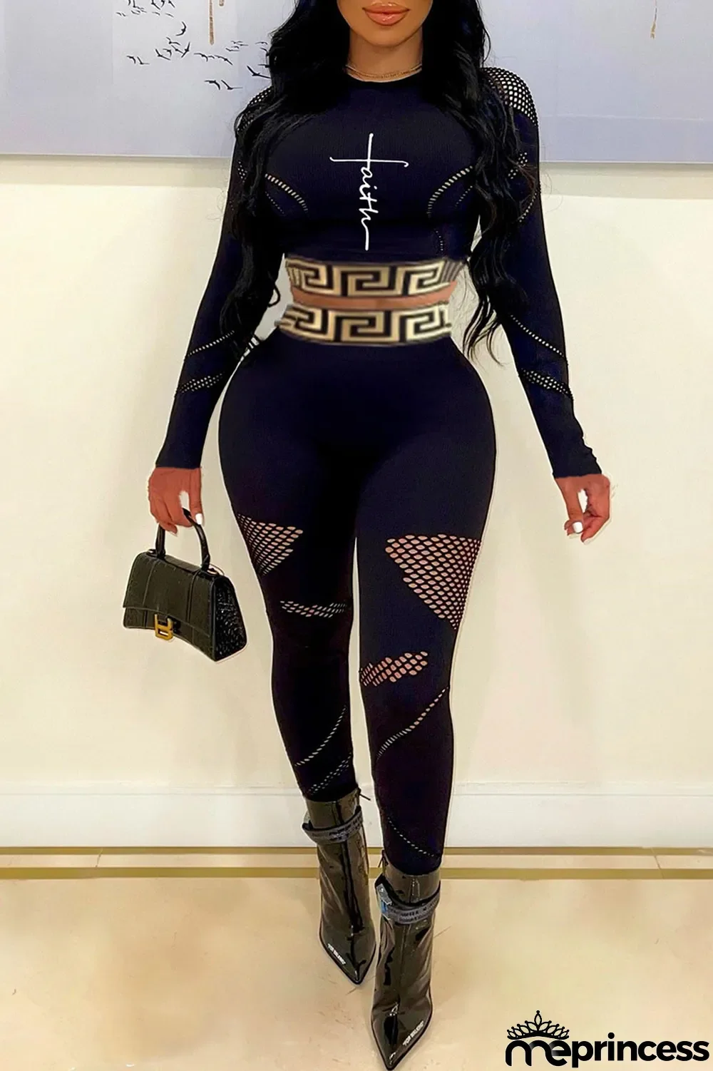 Burgundy Casual Print Split Joint O Neck Long Sleeve Two Pieces