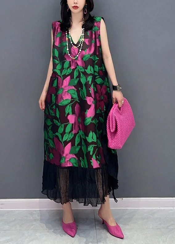 Boutique Floral V Neck Patchwork Chiffon Dress Sleeveless