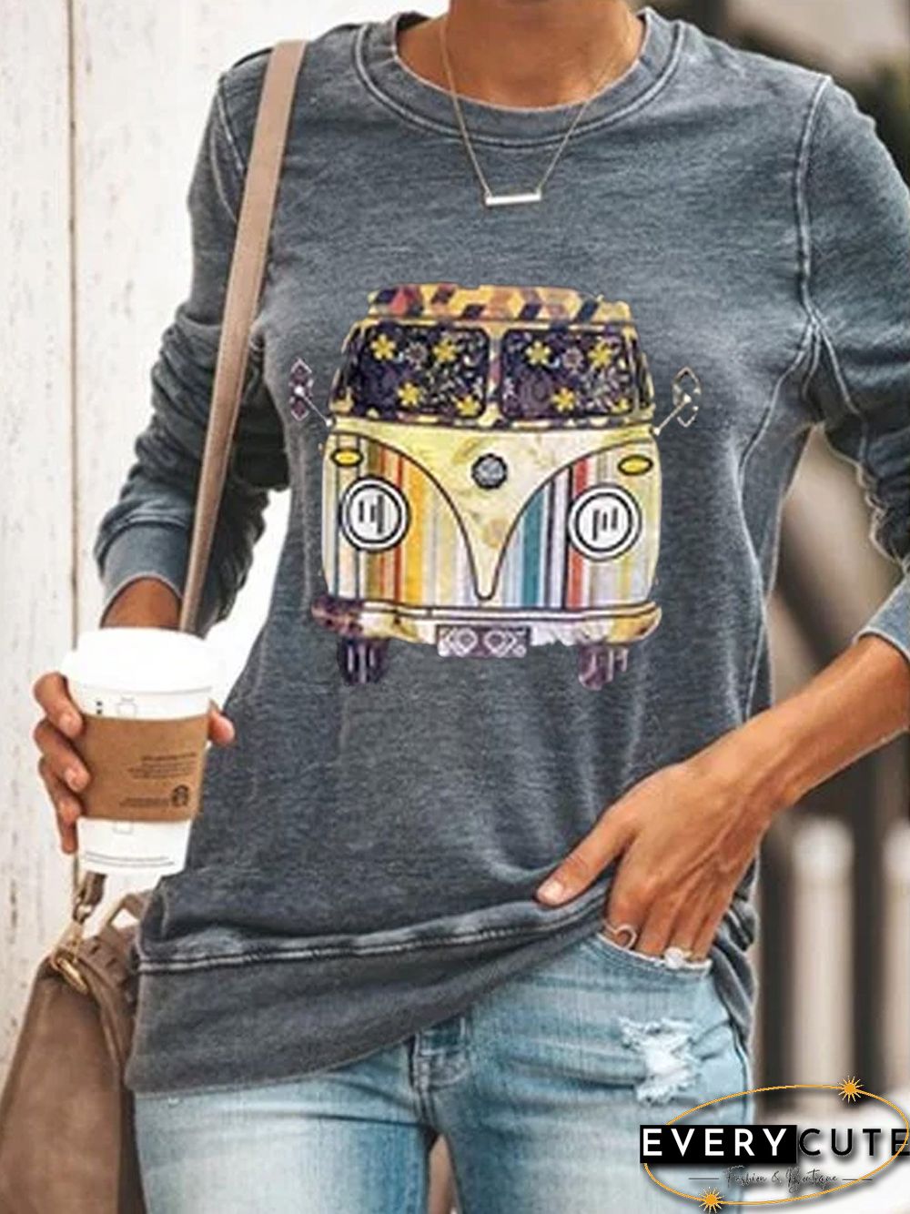 Gray Printed Casual Round Neck Cotton Tops