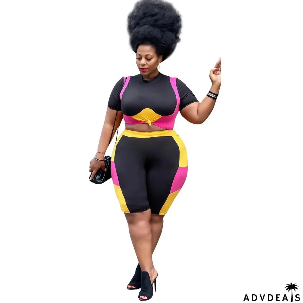 Plus Size Women's Contrast Plus Size Contrast Color Casual Two Piece