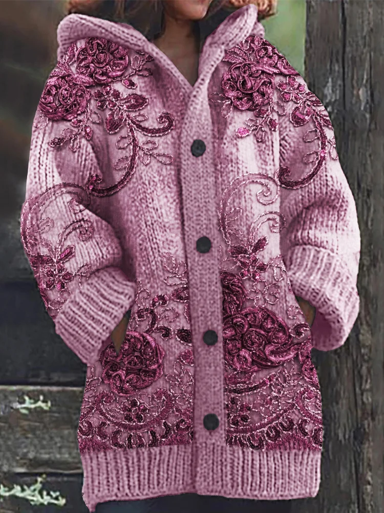 Utbros Turquoise Roses 3D Velvet Cozy Knit Hooded Cardigan