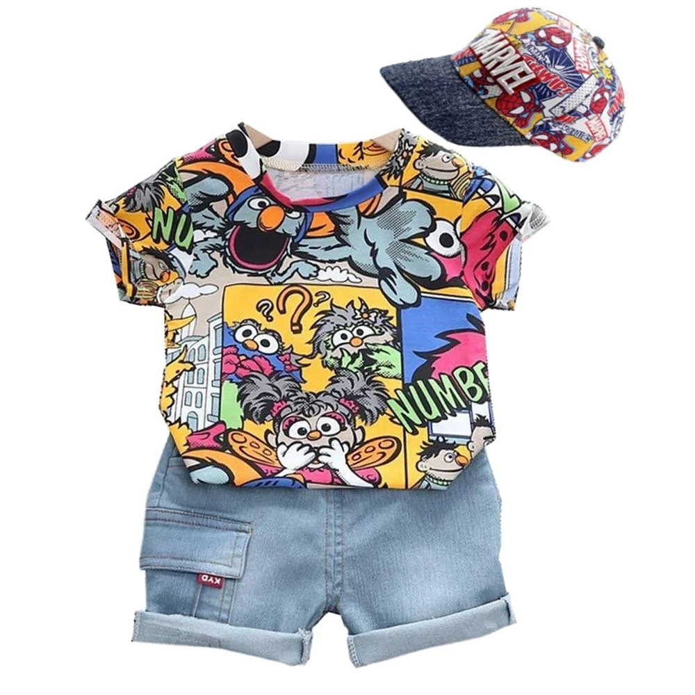 Cool Kid Boys Summer Clothes Outfit With Sunhat Fashion Graffiti Short-sleeved T-shirt Denim Shorts Set Children Pants  Clothing