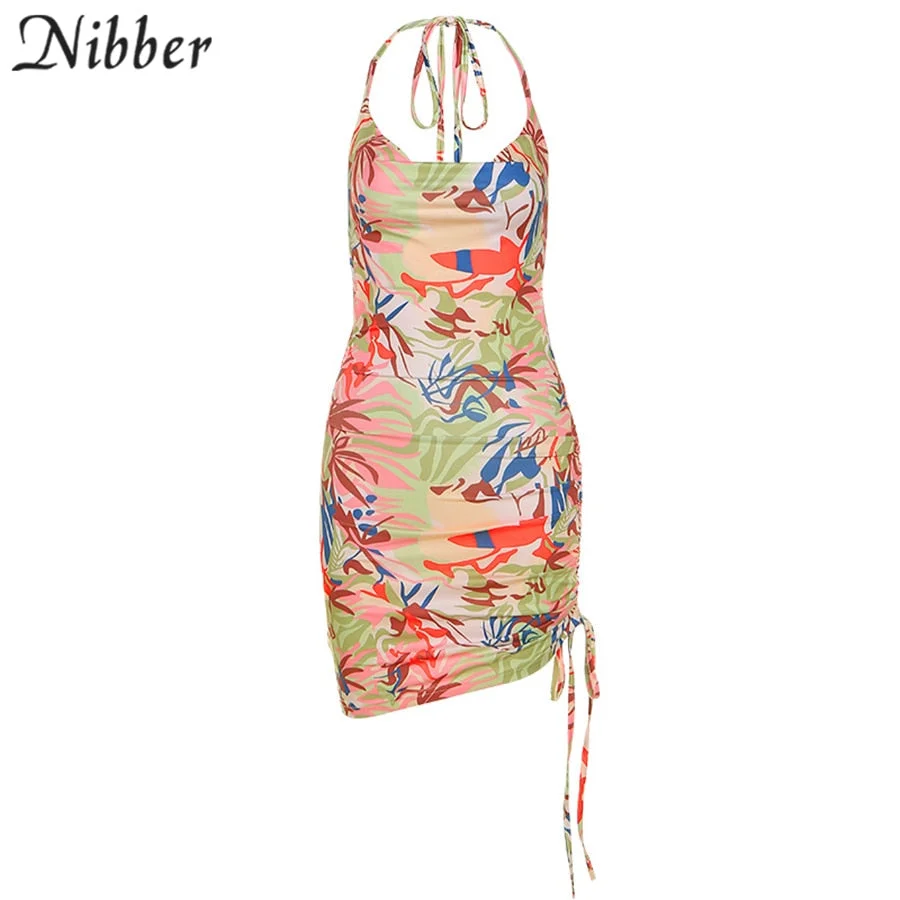 Nibber Sleeveless Multicolor Printing Cut Out Mini Wrap Dresses for Women's 2021 Summer Hot Deals Beach Bodycon Elegant Dresses