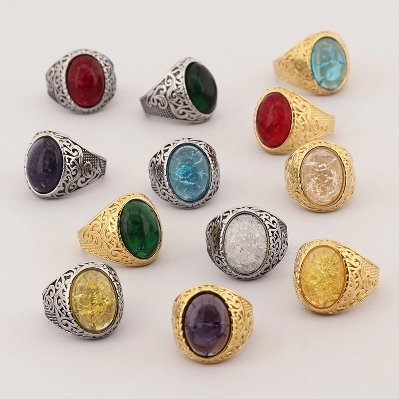 Jewelry Hip-Hop Oval 304 Stainless Steel Natural Stone 18K Gold Plated Inlay Rings