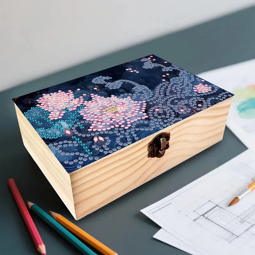 5D DIY Diamond Painting Handmade Wood Storage Box for Home Decor Craft (Lotus)