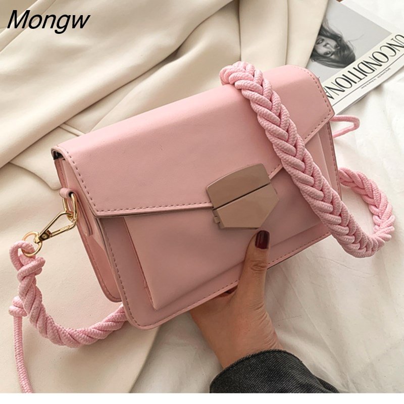 Mongw Women Girls Small Crossbody Bags Fashion Solid PU Leather Shoulder Messenger Bag Braided Strap Handbag