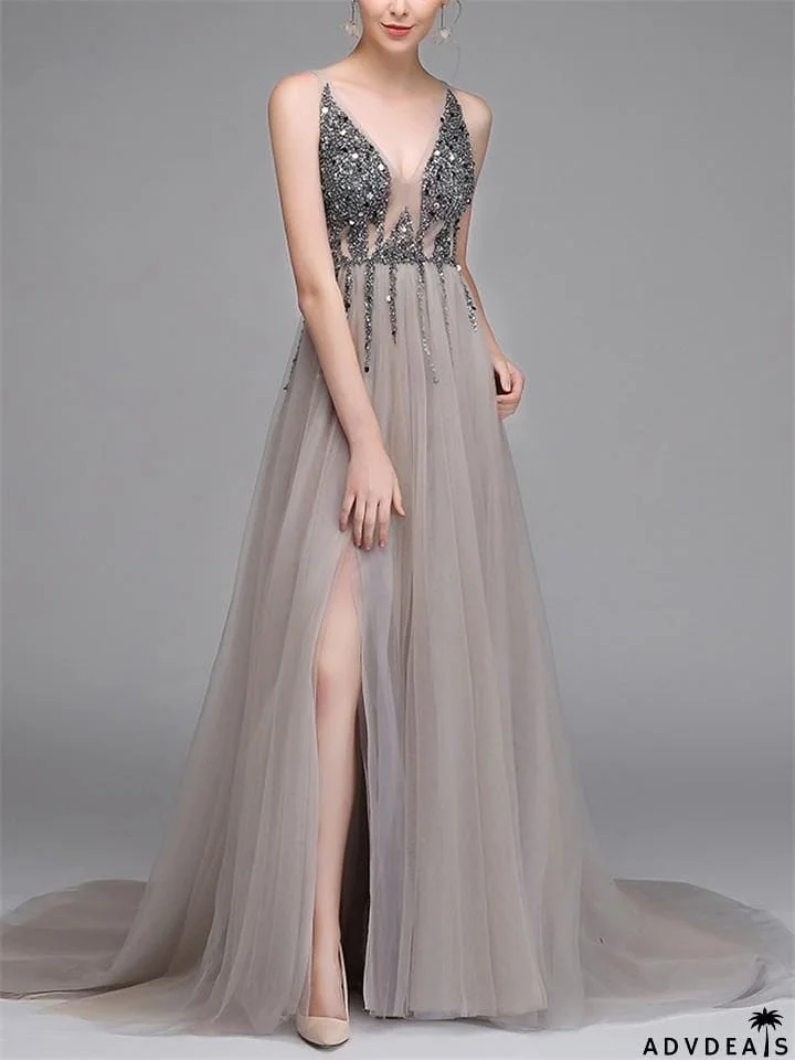 Sequined Beaded Backless Tulle Trendy Prom Dresses