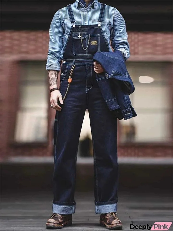 Fashion British Style Multi Pockets Blue Denim Jumpsuit for Men