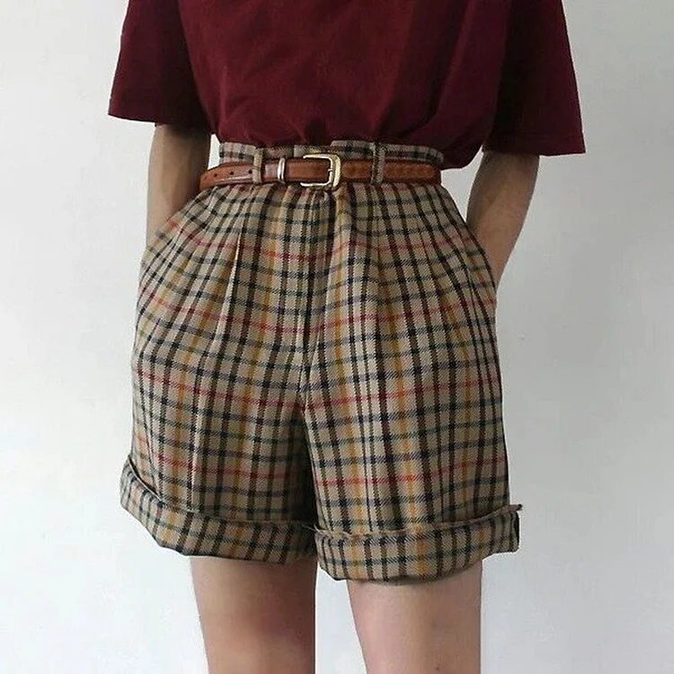 Summer New Fashion Women Striped Plaid Print Curly Short Pants Casual Buttons Streetwear Cool Girl Elegant Sweet Shorts(no belt)