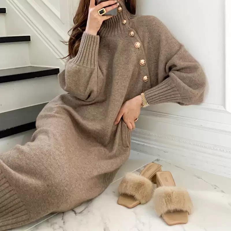  thdmladies Turtleneck knitted sweater skirt with waist dress thedmladies