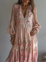 Boho Pink Roses Lace Flowy Linen Maxi Dress